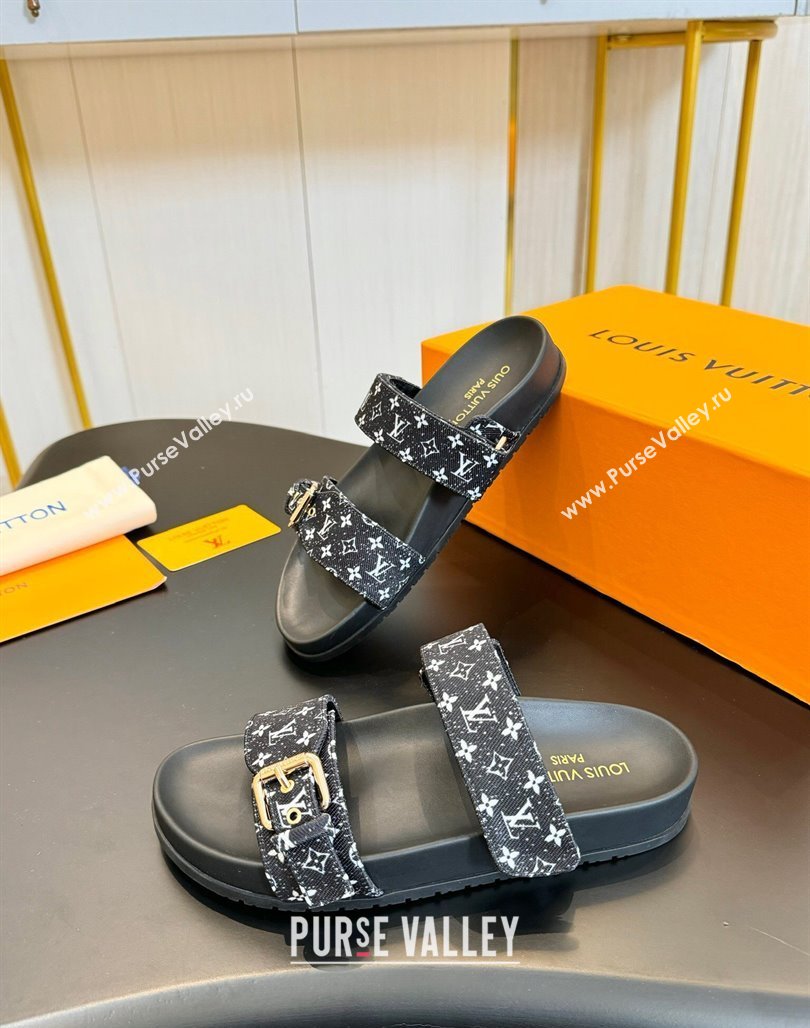 Louis Vuitton Bom Dia Flat Comfort Slides Sandals in Monogram Denim Black 2024 0703 (MD-240703086)