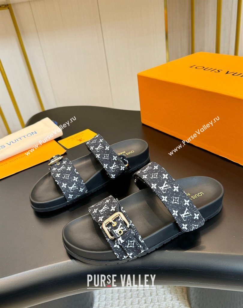 Louis Vuitton Bom Dia Flat Comfort Slides Sandals in Monogram Denim Black 2024 0703 (MD-240703086)