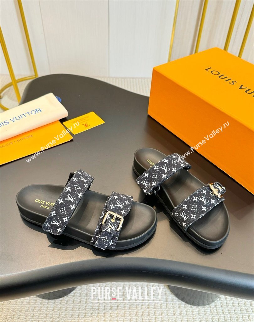 Louis Vuitton Bom Dia Flat Comfort Slides Sandals in Monogram Denim Black 2024 0703 (MD-240703086)