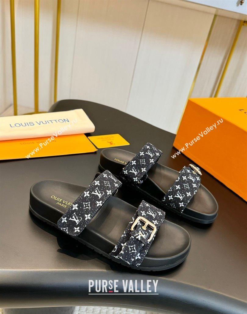 Louis Vuitton Bom Dia Flat Comfort Slides Sandals in Monogram Denim Black 2024 0703 (MD-240703086)