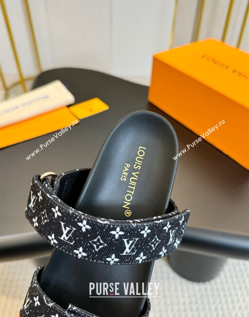 Louis Vuitton Bom Dia Flat Comfort Slides Sandals in Monogram Denim Black 2024 0703 (MD-240703086)