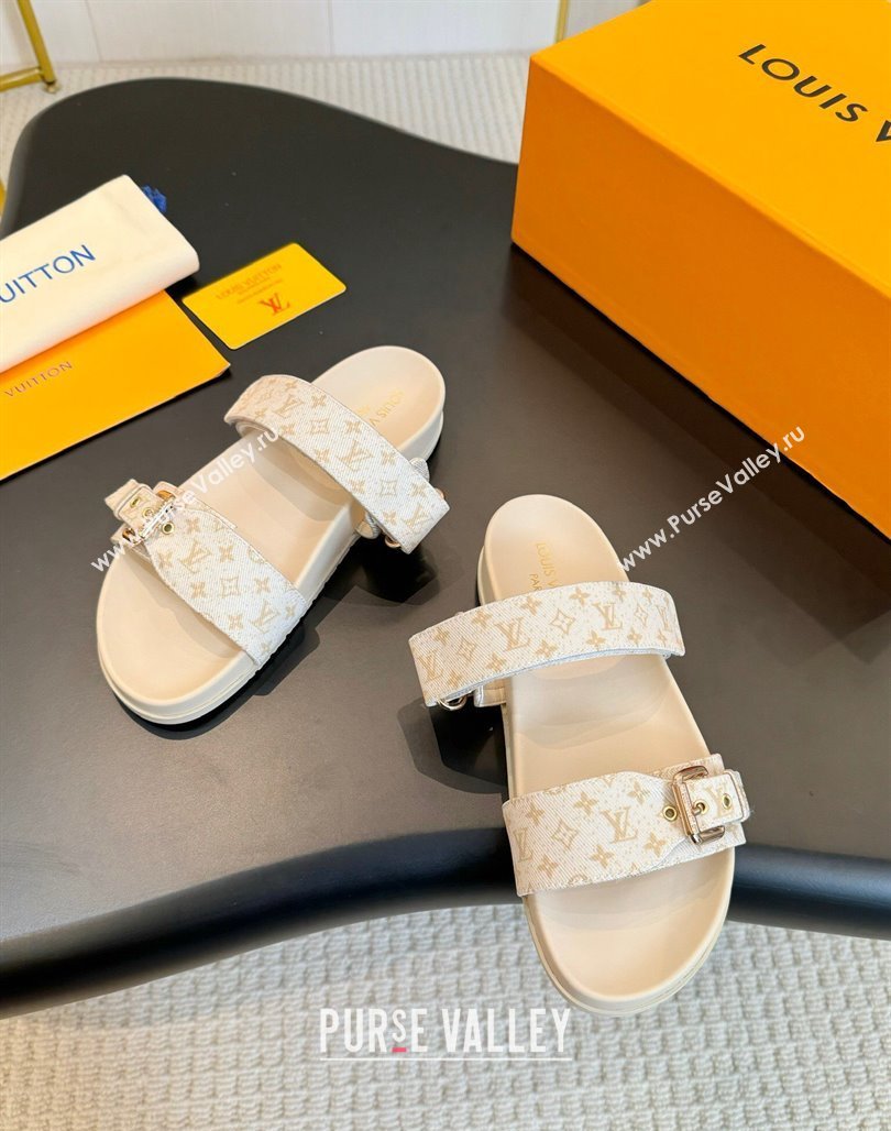 Louis Vuitton Bom Dia Flat Comfort Slides Sandals in Monogram Denim Light Beige 2024 0703 (MD-240703087)