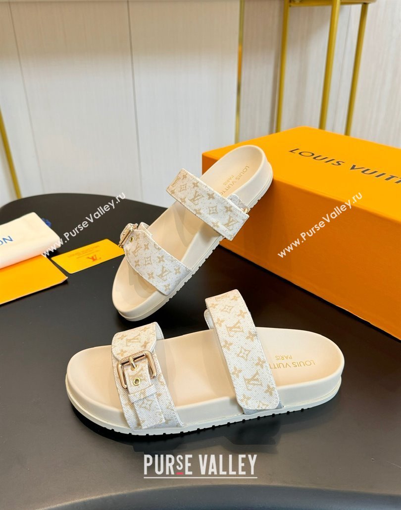 Louis Vuitton Bom Dia Flat Comfort Slides Sandals in Monogram Denim Light Beige 2024 0703 (MD-240703087)