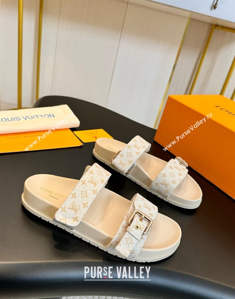 Louis Vuitton Bom Dia Flat Comfort Slides Sandals in Monogram Denim Light Beige 2024 0703 (MD-240703087)