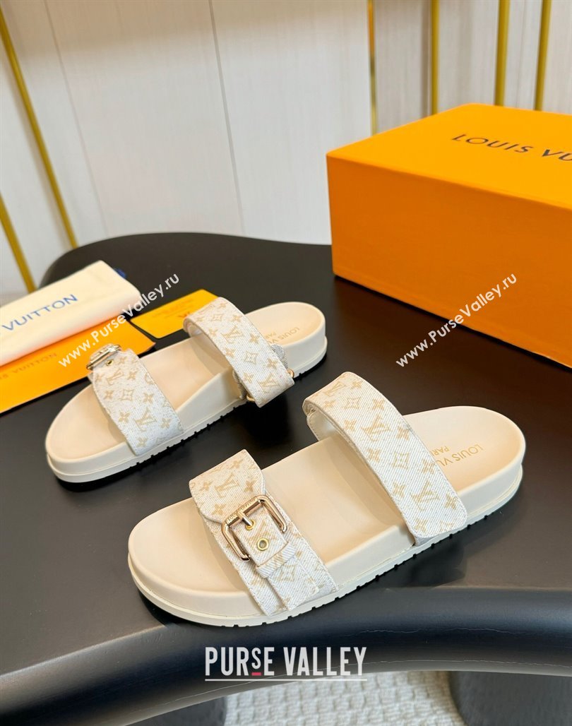 Louis Vuitton Bom Dia Flat Comfort Slides Sandals in Monogram Denim Light Beige 2024 0703 (MD-240703087)