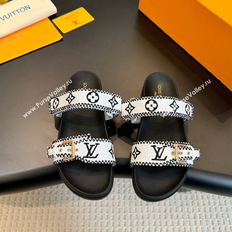 Louis Vuitton Bom Dia Flat Comfort Slides Sandals in Embroidered Straw Black/White 2024 (MD-240703088)