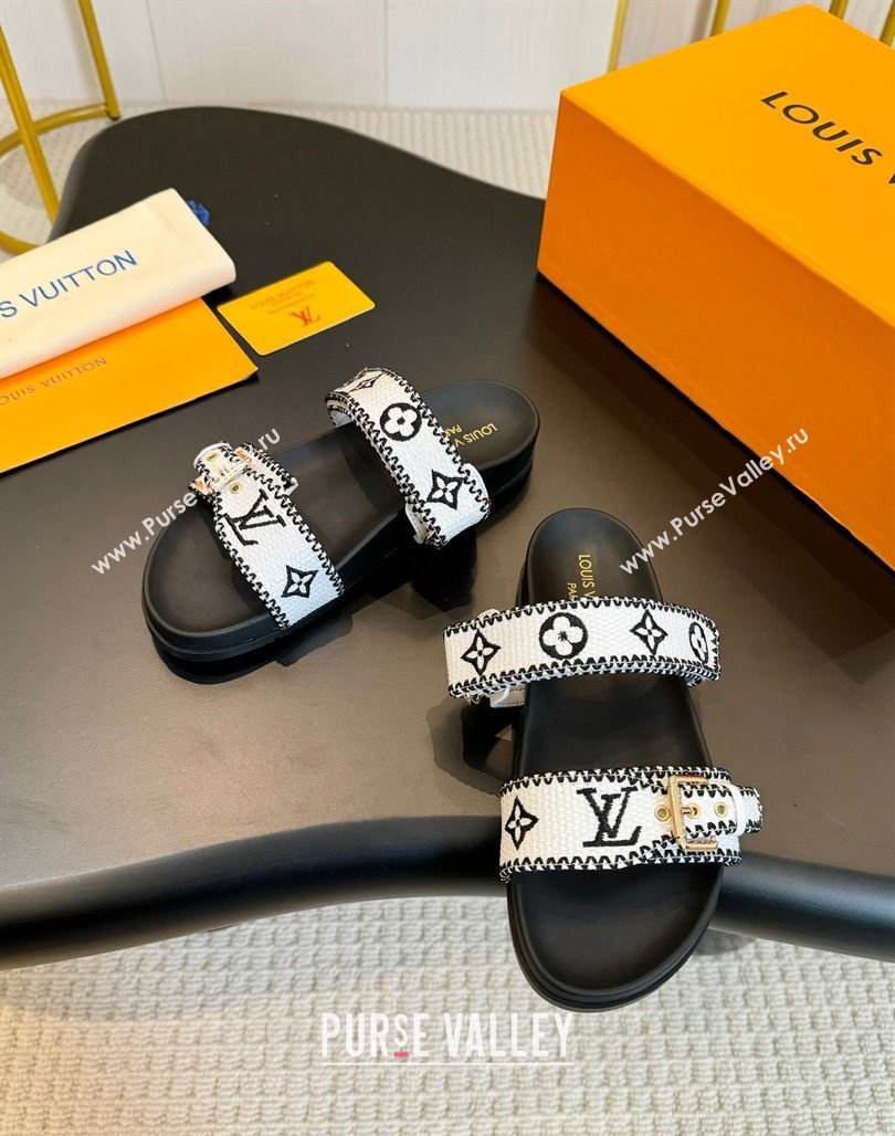 Louis Vuitton Bom Dia Flat Comfort Slides Sandals in Embroidered Straw Black/White 2024 (MD-240703088)