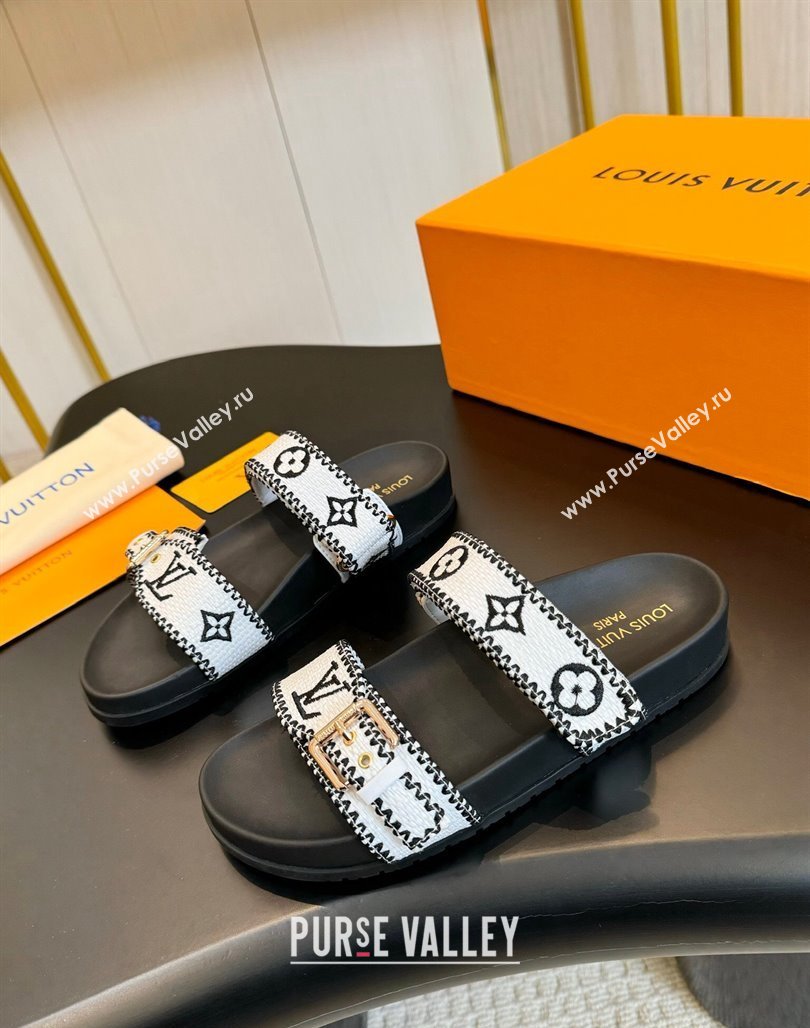 Louis Vuitton Bom Dia Flat Comfort Slides Sandals in Embroidered Straw Black/White 2024 (MD-240703088)