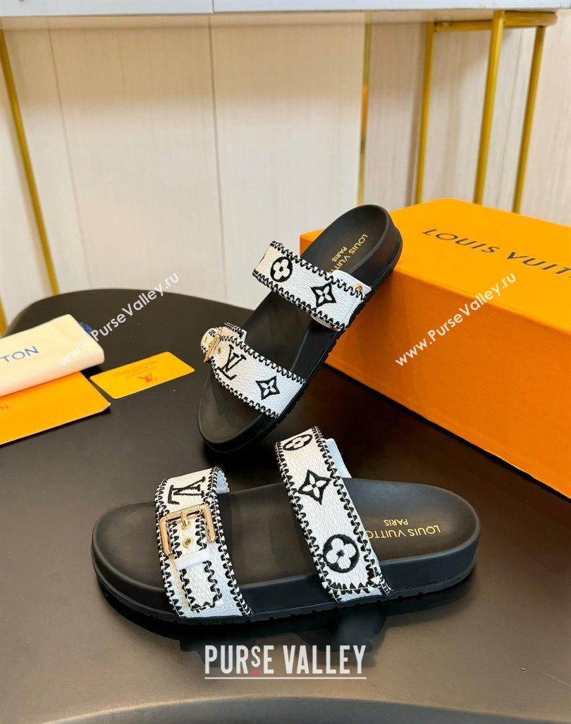 Louis Vuitton Bom Dia Flat Comfort Slides Sandals in Embroidered Straw Black/White 2024 (MD-240703088)