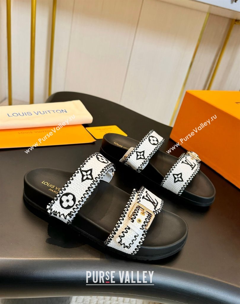 Louis Vuitton Bom Dia Flat Comfort Slides Sandals in Embroidered Straw Black/White 2024 (MD-240703088)