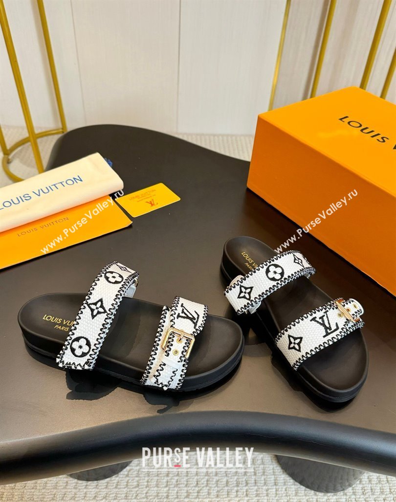 Louis Vuitton Bom Dia Flat Comfort Slides Sandals in Embroidered Straw Black/White 2024 (MD-240703088)