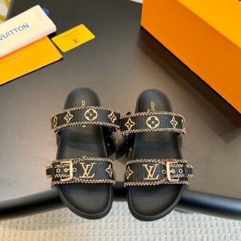 Louis Vuitton Bom Dia Flat Comfort Slides Sandals in Embroidered Straw Black/Gold 2024 (MD-240703089)
