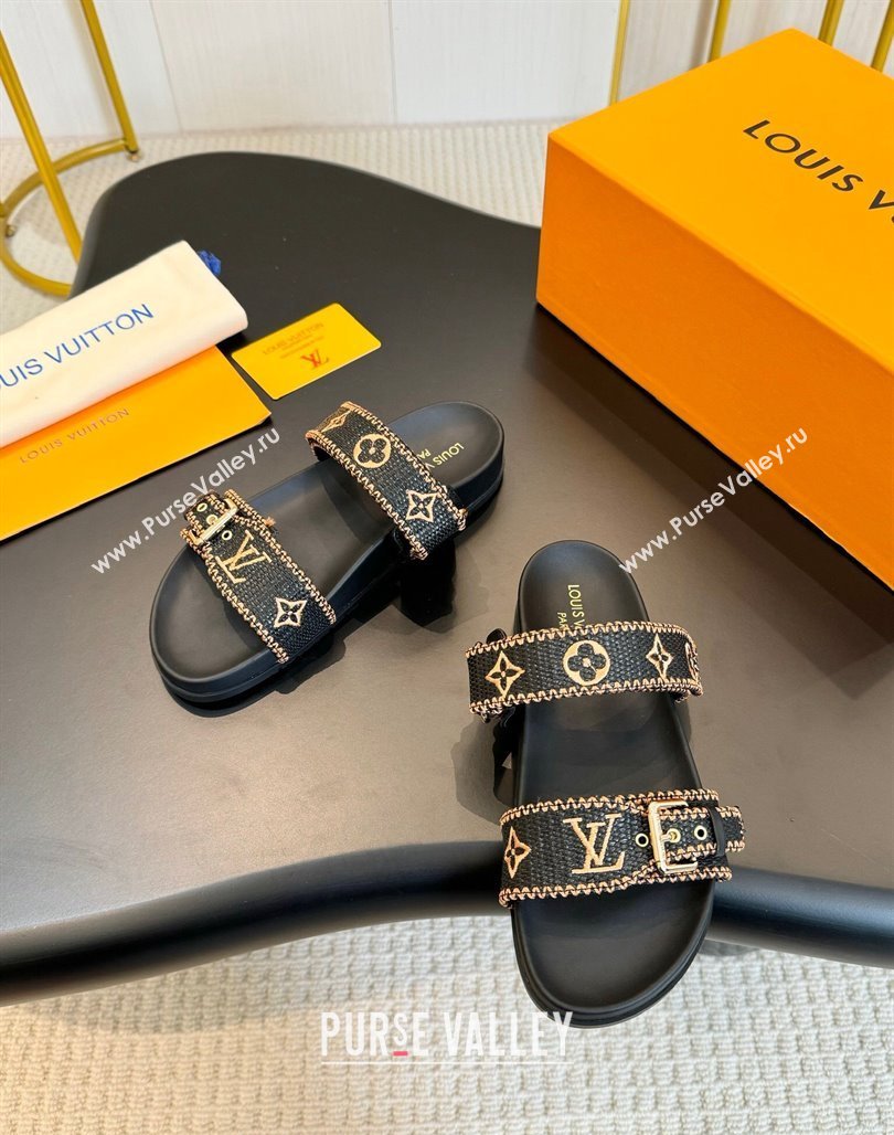 Louis Vuitton Bom Dia Flat Comfort Slides Sandals in Embroidered Straw Black/Gold 2024 (MD-240703089)