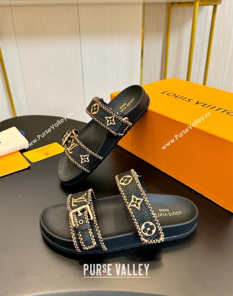 Louis Vuitton Bom Dia Flat Comfort Slides Sandals in Embroidered Straw Black/Gold 2024 (MD-240703089)