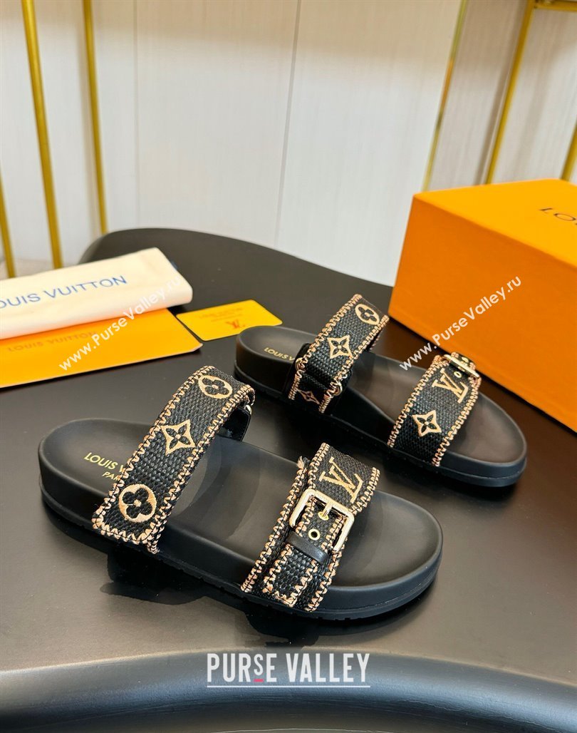 Louis Vuitton Bom Dia Flat Comfort Slides Sandals in Embroidered Straw Black/Gold 2024 (MD-240703089)