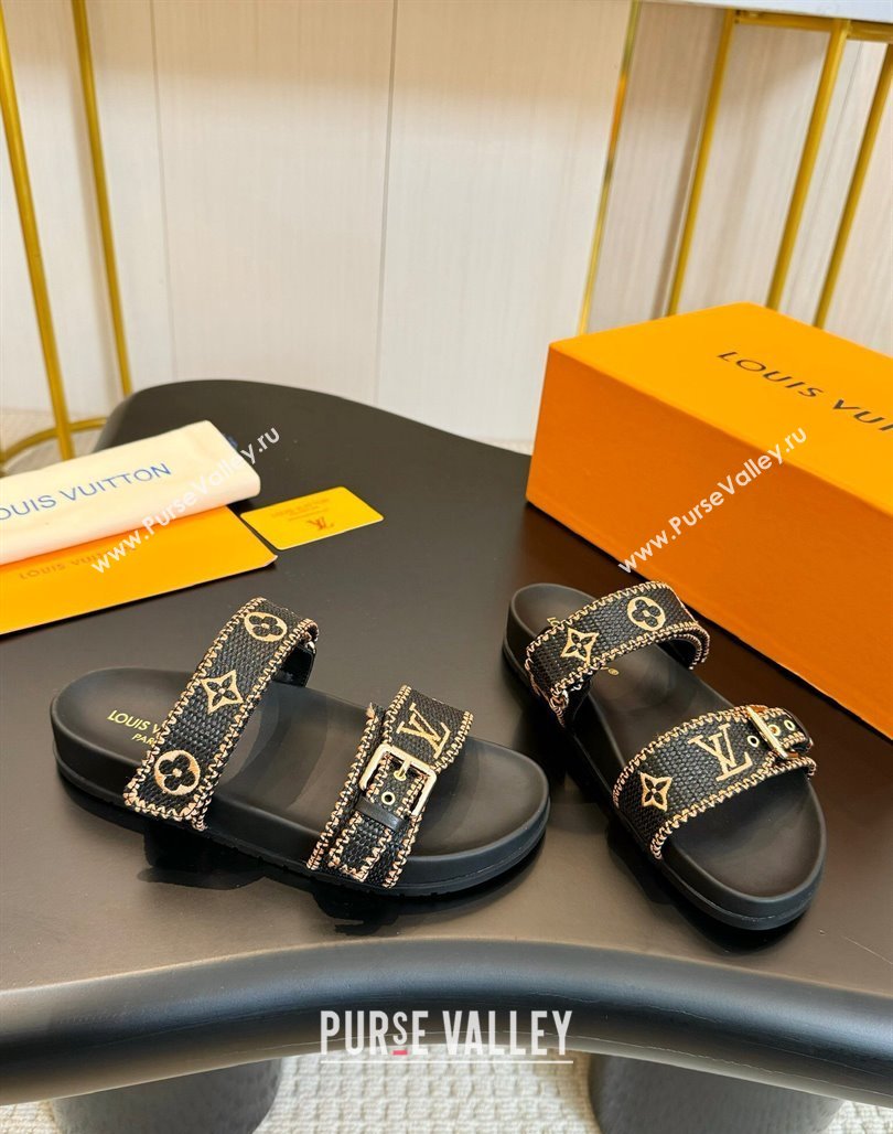 Louis Vuitton Bom Dia Flat Comfort Slides Sandals in Embroidered Straw Black/Gold 2024 (MD-240703089)