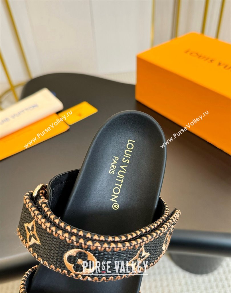 Louis Vuitton Bom Dia Flat Comfort Slides Sandals in Embroidered Straw Black/Gold 2024 (MD-240703089)