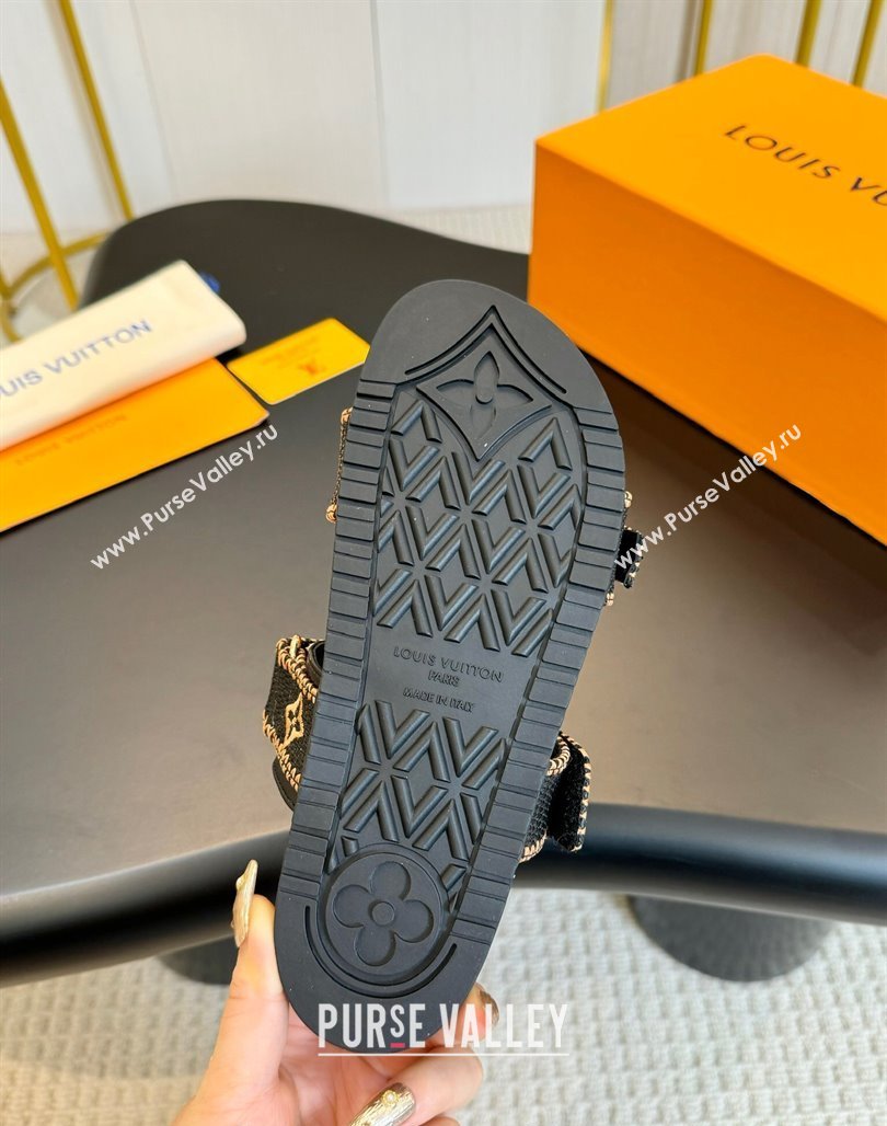 Louis Vuitton Bom Dia Flat Comfort Slides Sandals in Embroidered Straw Black/Gold 2024 (MD-240703089)