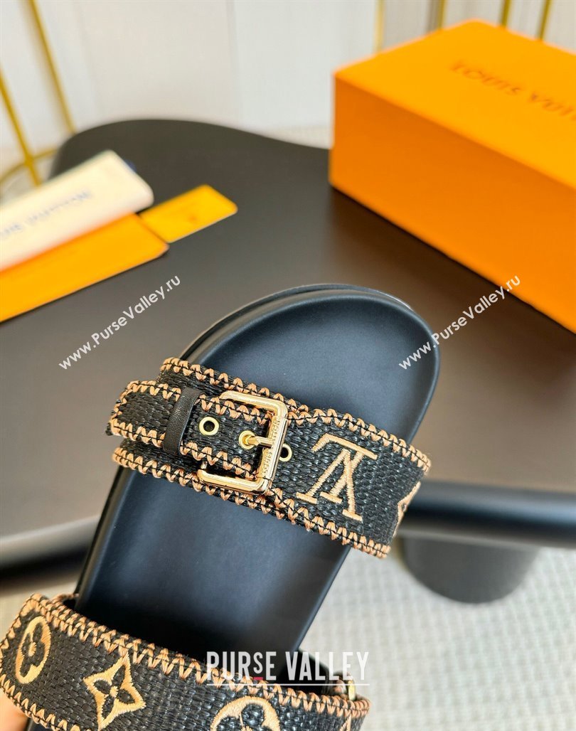 Louis Vuitton Bom Dia Flat Comfort Slides Sandals in Embroidered Straw Black/Gold 2024 (MD-240703089)