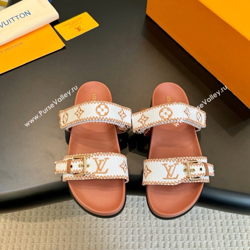 Louis Vuitton Bom Dia Flat Comfort Slides Sandals in Embroidered Straw White/Orange 2024 (MD-240703090)