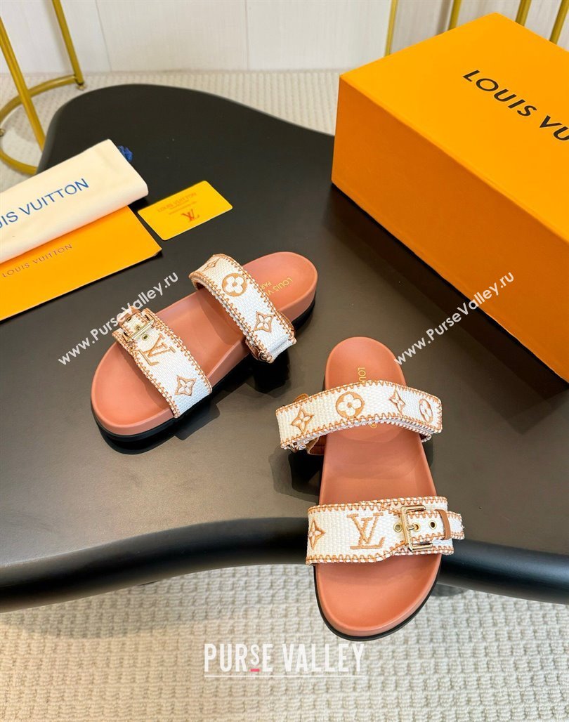 Louis Vuitton Bom Dia Flat Comfort Slides Sandals in Embroidered Straw White/Orange 2024 (MD-240703090)