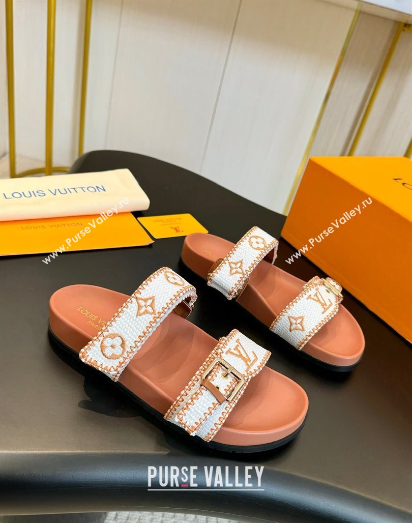 Louis Vuitton Bom Dia Flat Comfort Slides Sandals in Embroidered Straw White/Orange 2024 (MD-240703090)