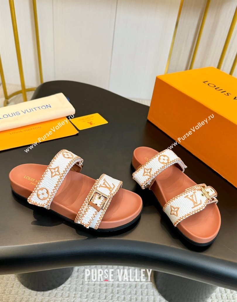 Louis Vuitton Bom Dia Flat Comfort Slides Sandals in Embroidered Straw White/Orange 2024 (MD-240703090)