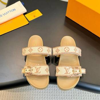 Louis Vuitton Bom Dia Flat Comfort Slides Sandals in Embroidered Straw Beige 2024 (MD-240703091)