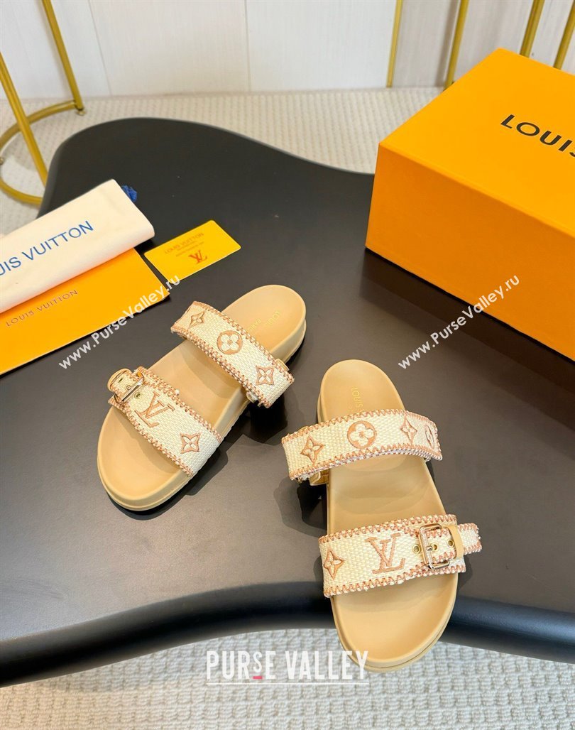 Louis Vuitton Bom Dia Flat Comfort Slides Sandals in Embroidered Straw Beige 2024 (MD-240703091)