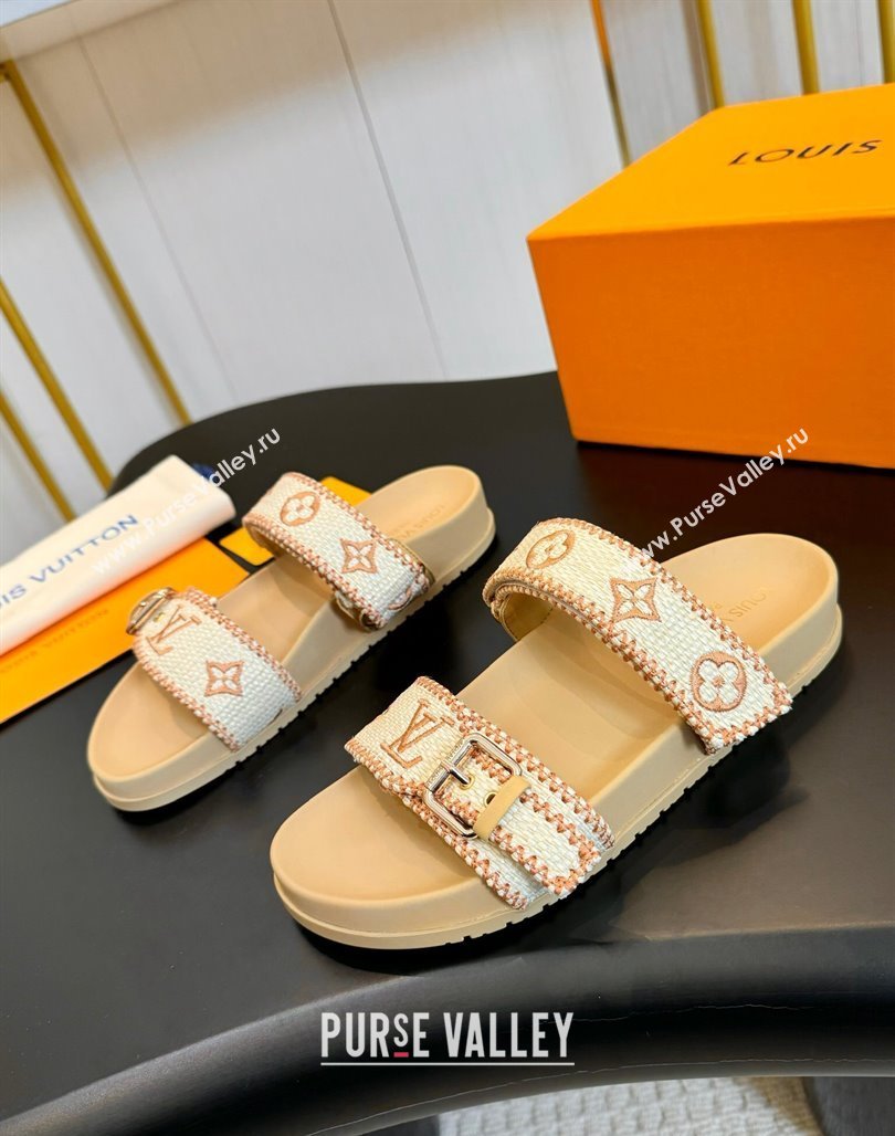 Louis Vuitton Bom Dia Flat Comfort Slides Sandals in Embroidered Straw Beige 2024 (MD-240703091)