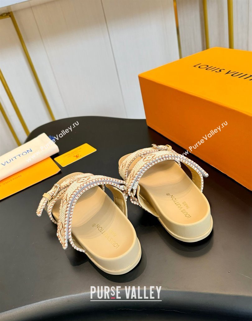 Louis Vuitton Bom Dia Flat Comfort Slides Sandals in Embroidered Straw Beige 2024 (MD-240703091)