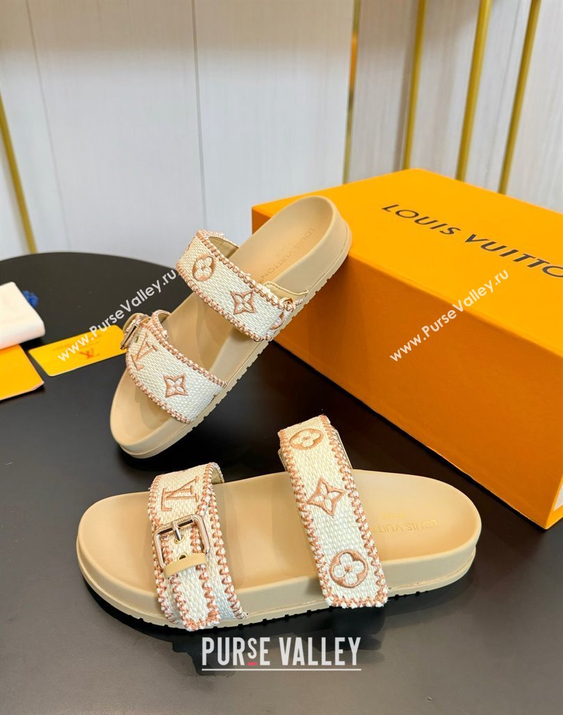 Louis Vuitton Bom Dia Flat Comfort Slides Sandals in Embroidered Straw Beige 2024 (MD-240703091)