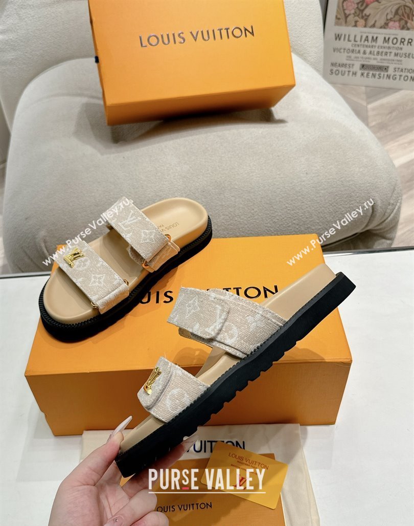 Louis Vuitton Bom V Sunset Flat Comfort Slides Sandal in Denim Beige 2024 0703 (MD-240703092)