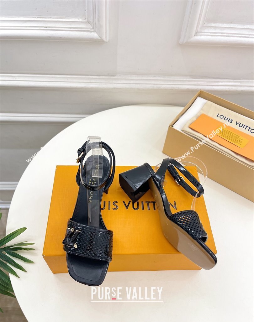 Louis Vuitton Shake Heel Sandals 5.5cm in Perforated Patent Leather Black 2024 (MD-240703096)