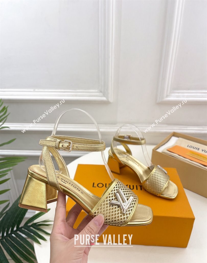 Louis Vuitton Shake Heel Sandals 5.5cm in Perforated Calf Leather Gold 2024 0703 (MD-240703103)