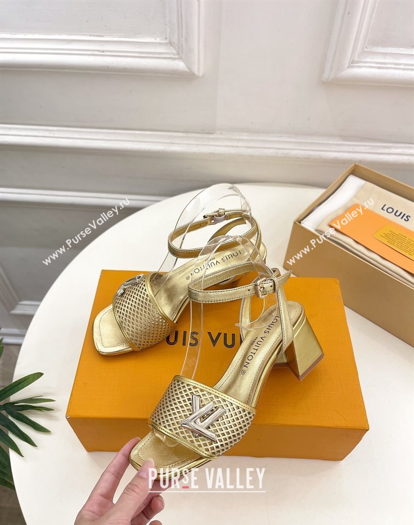 Louis Vuitton Shake Heel Sandals 5.5cm in Perforated Calf Leather Gold 2024 0703 (MD-240703103)