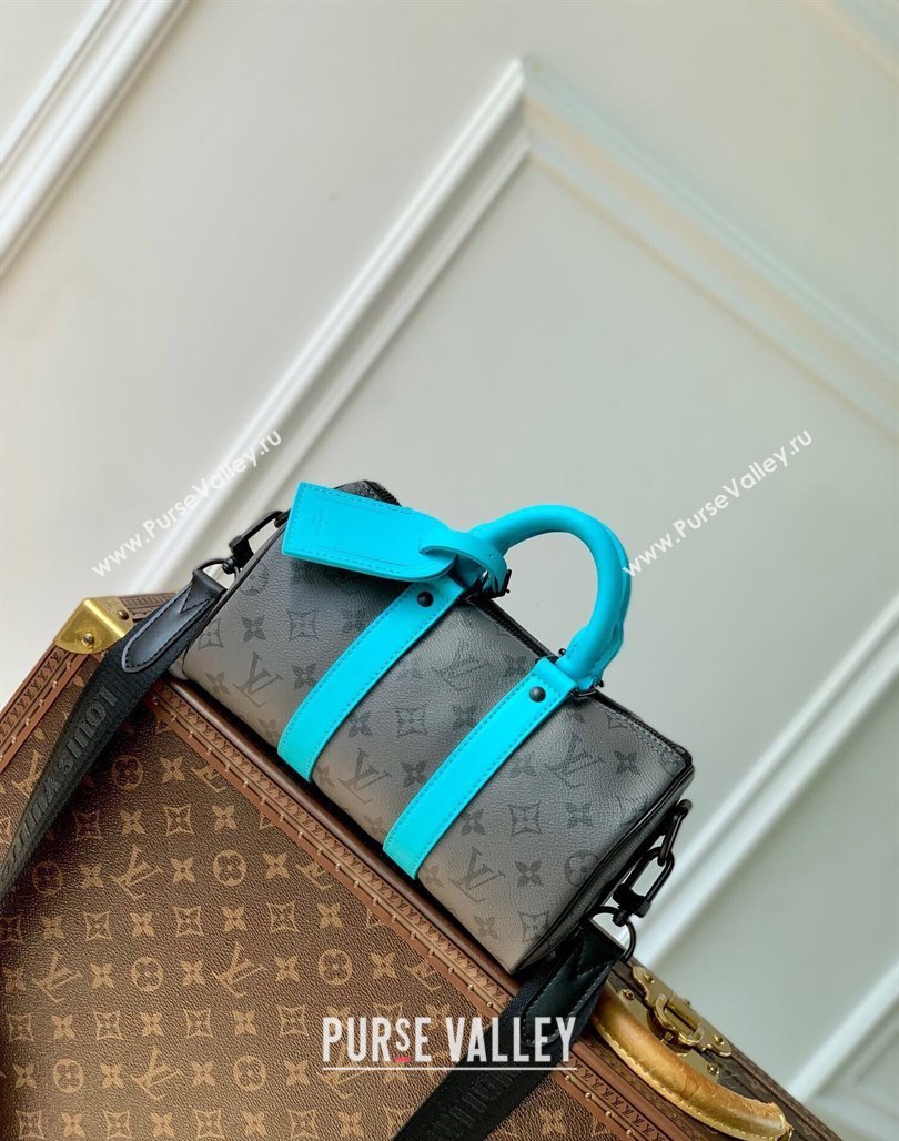 Louis Vuitton Keepall Bandouliere 25 Bag in Monogram Eclipse Reverse Canvas M11645 Turquoise Blue/Grey 2024 (KI-240716080)