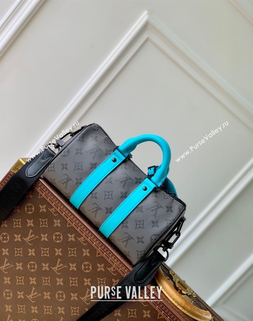 Louis Vuitton Keepall Bandouliere 25 Bag in Monogram Eclipse Reverse Canvas M11645 Turquoise Blue/Grey 2024 (KI-240716080)