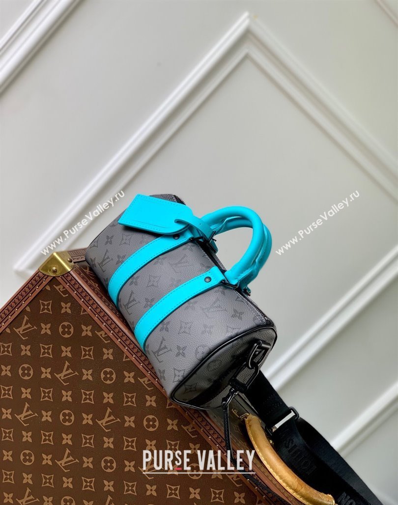 Louis Vuitton Keepall Bandouliere 25 Bag in Monogram Eclipse Reverse Canvas M11645 Turquoise Blue/Grey 2024 (KI-240716080)