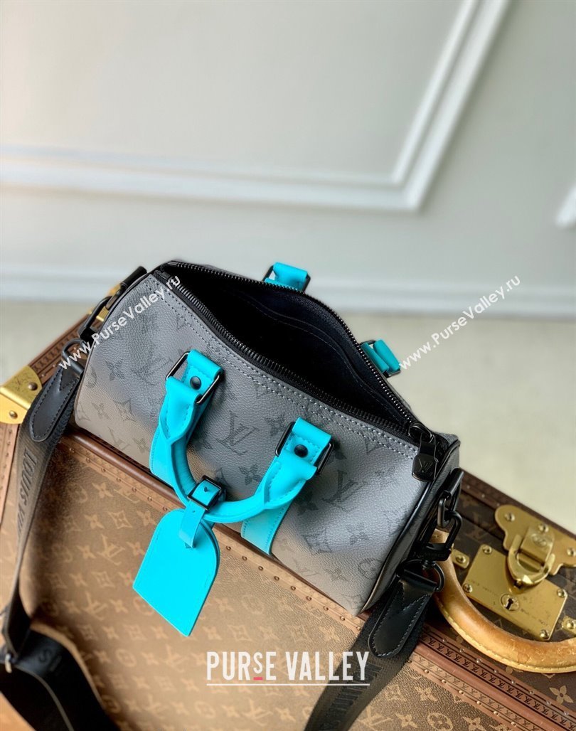 Louis Vuitton Keepall Bandouliere 25 Bag in Monogram Eclipse Reverse Canvas M11645 Turquoise Blue/Grey 2024 (KI-240716080)