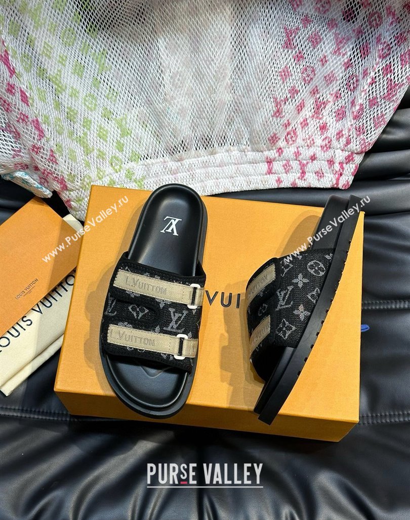 Louis Vuitton Mens Monogram Denim Slides Sandal with Strap Black 2024 0724003 (MD-240724082)