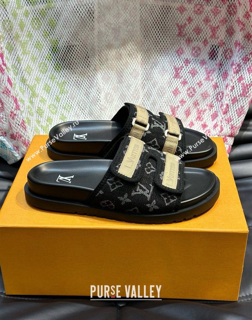 Louis Vuitton Mens Monogram Denim Slides Sandal with Strap Black 2024 0724003 (MD-240724082)