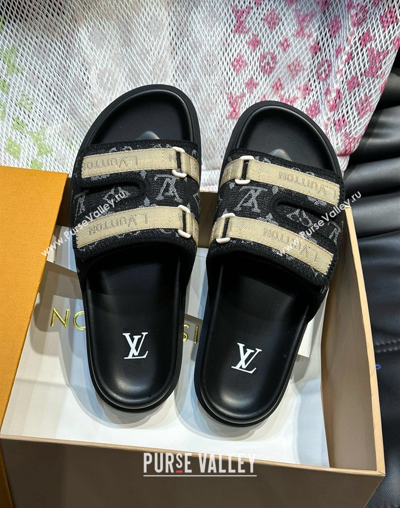 Louis Vuitton Mens Monogram Denim Slides Sandal with Strap Black 2024 0724003 (MD-240724082)