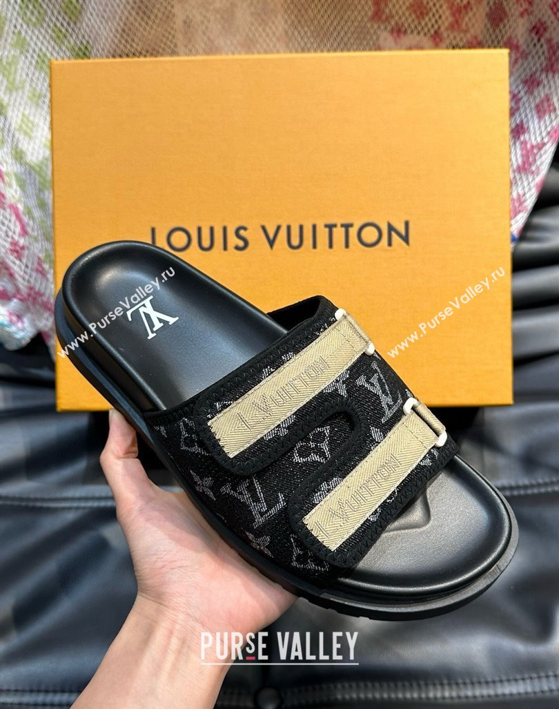 Louis Vuitton Mens Monogram Denim Slides Sandal with Strap Black 2024 0724003 (MD-240724082)