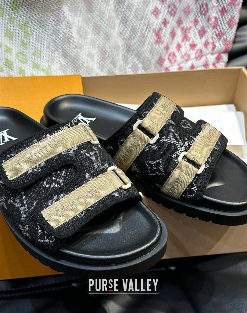 Louis Vuitton Mens Monogram Denim Slides Sandal with Strap Black 2024 0724003 (MD-240724082)