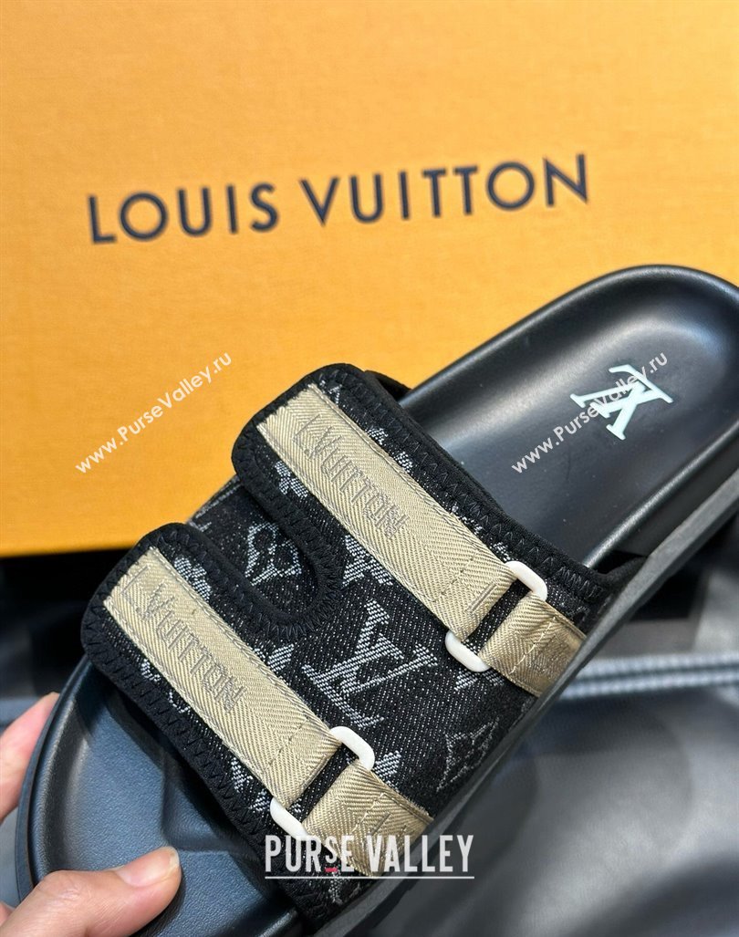 Louis Vuitton Mens Monogram Denim Slides Sandal with Strap Black 2024 0724003 (MD-240724082)