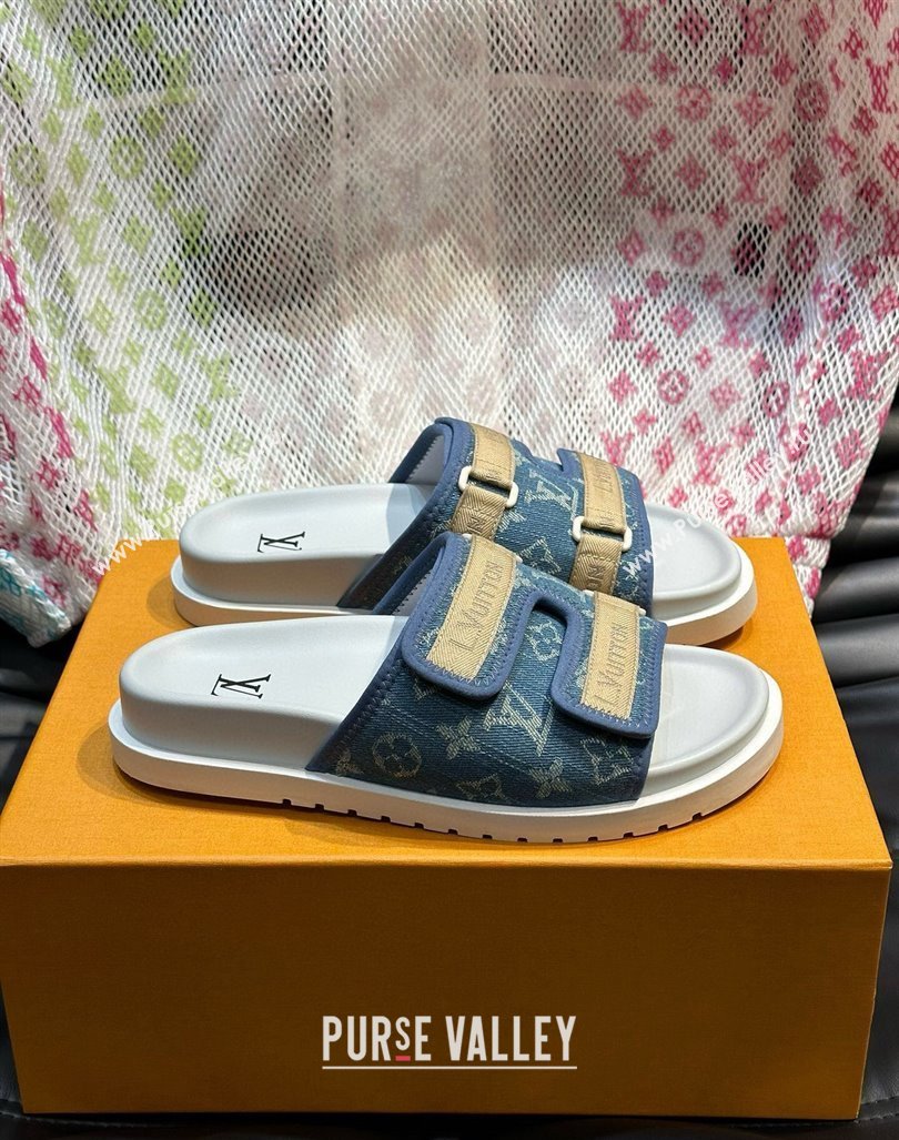 Louis Vuitton Mens Monogram Denim Slides Sandal with Strap Blue 2024 0724003 (MD-240724083)