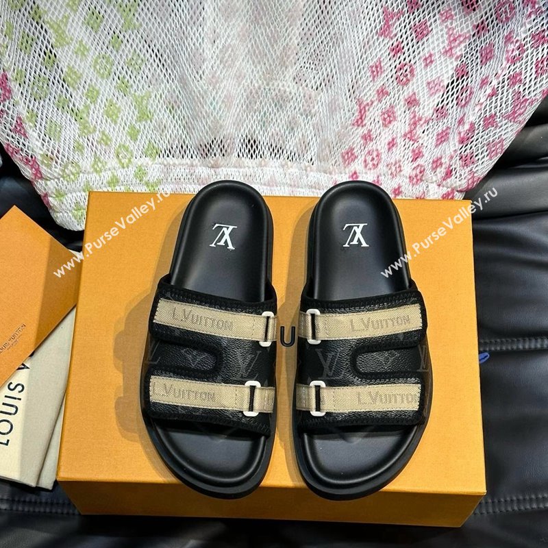 Louis Vuitton Mens Monogram Canvas Slides Sandal with Strap Black 2024 0724003 (MD-240724084)