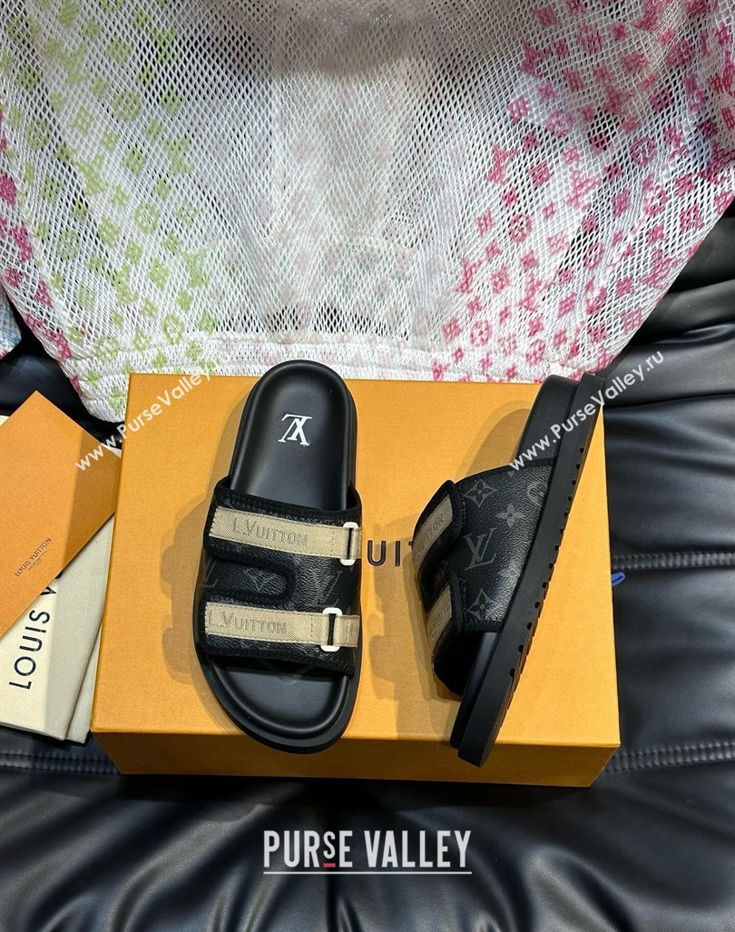 Louis Vuitton Mens Monogram Canvas Slides Sandal with Strap Black 2024 0724003 (MD-240724084)