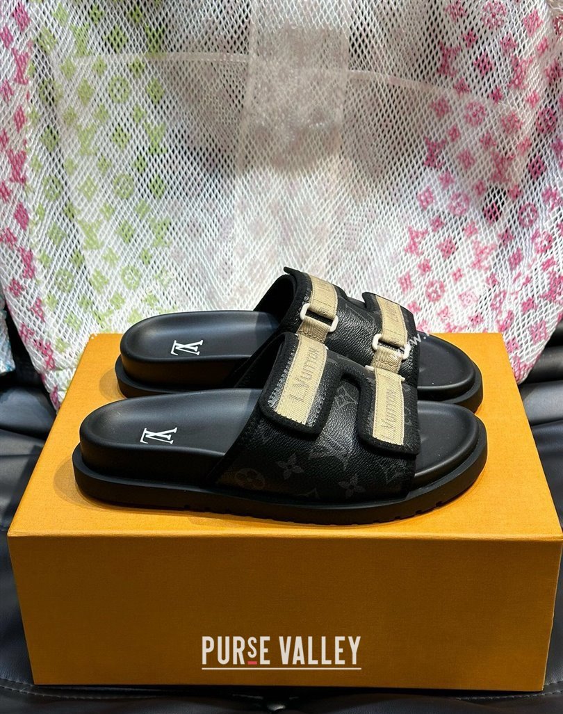 Louis Vuitton Mens Monogram Canvas Slides Sandal with Strap Black 2024 0724003 (MD-240724084)